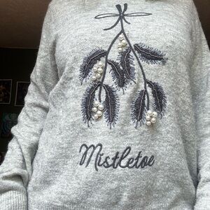 Gray Mistletoe Embroidered Sweater